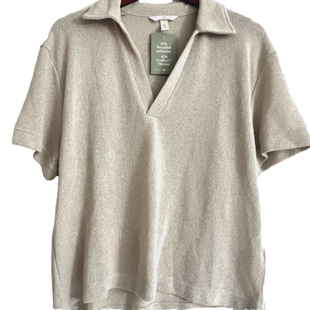H&M womens sweater L short sleeve Viscose blend Polo collar beige NWT